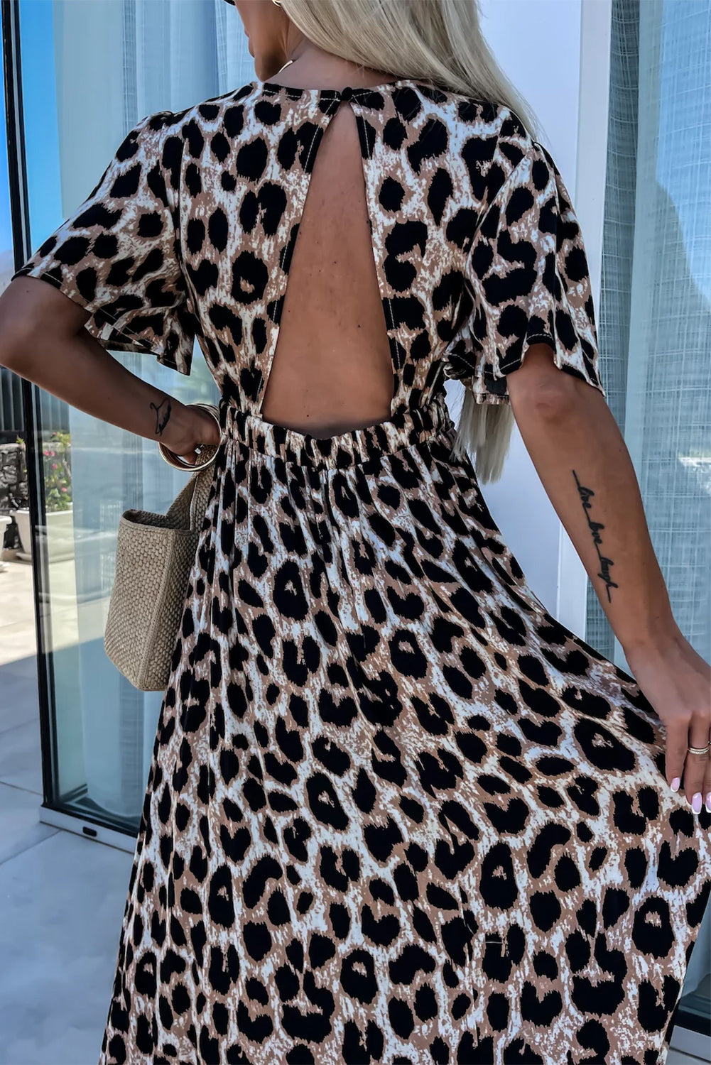 Khaki Leopard V Neck Cinched High Waist Open Back Maxi Dress