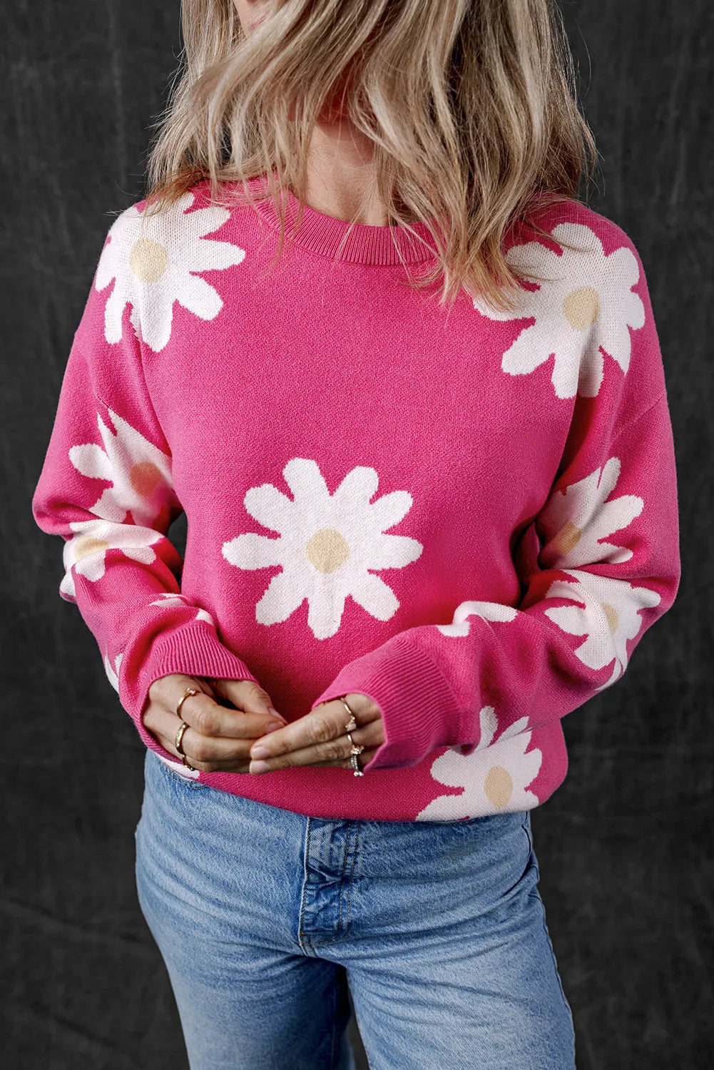 Bright Pink Daisy Flower Crew Neck Long Sleeve Sweater - Chic Meadow Boutique 