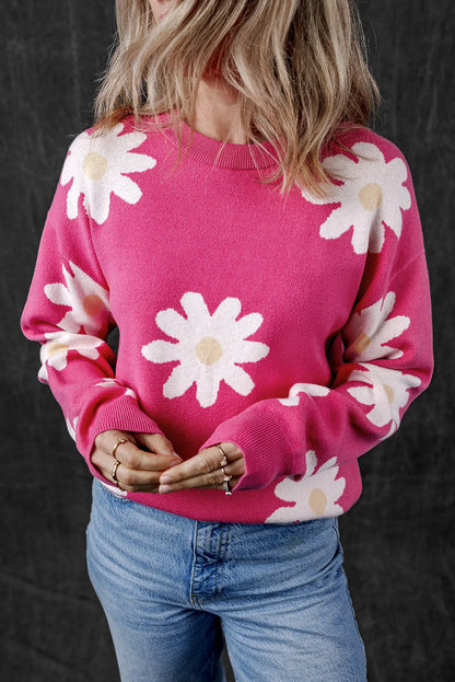 Bright Pink Daisy Flower Crew Neck Long Sleeve Sweater - Chic Meadow Boutique 