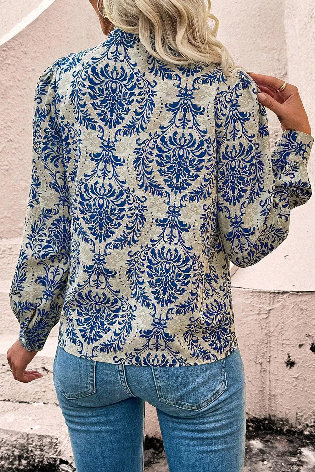 Sky Blue Bohemian Printed Bishop Sleeve Lace Shirt - Chic Meadow Boutique 