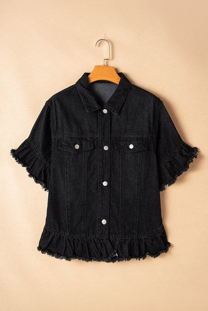 Black Raw Edge Ruffled Short Sleeve Denim Jacket - Chic Meadow Boutique 