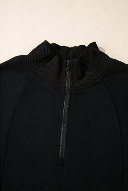 Black Zipped Neck Pullover Drop Shoulder Sweatshirt - Chic Meadow Boutique 