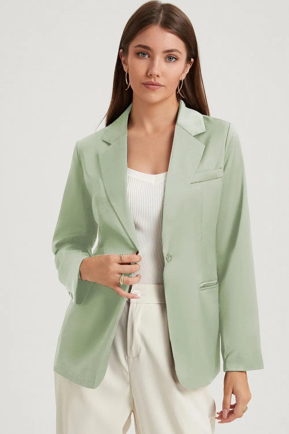 Green Pocketed Single Button Lapel Neck Blazer - Chic Meadow Boutique 