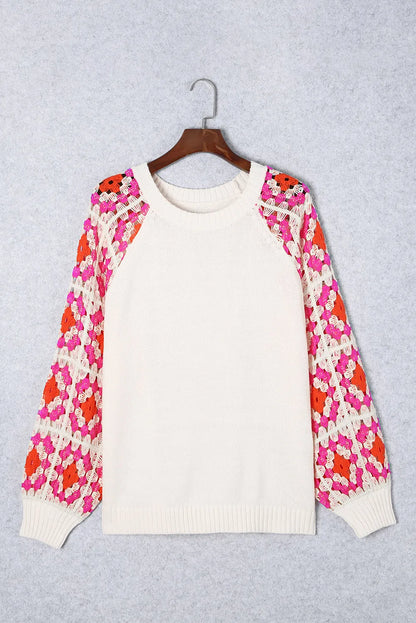 Rose Crochet Puff Sleeve Contrast Knit Sweater - Chic Meadow Boutique 