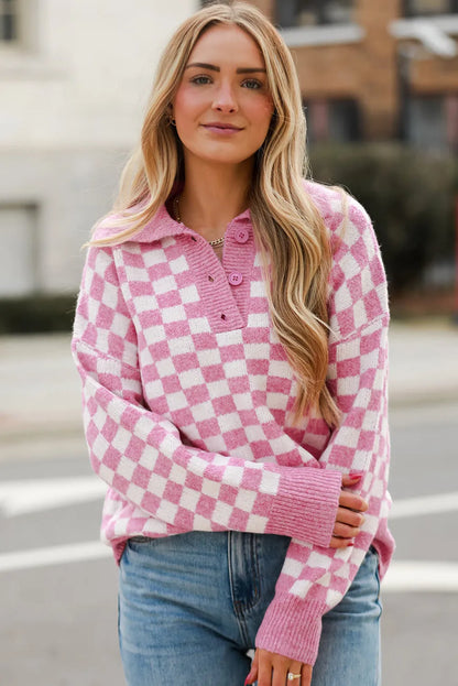 Pink Checkered Buttons Collar V Neck Drop Shoulder Sweater - Chic Meadow Boutique 