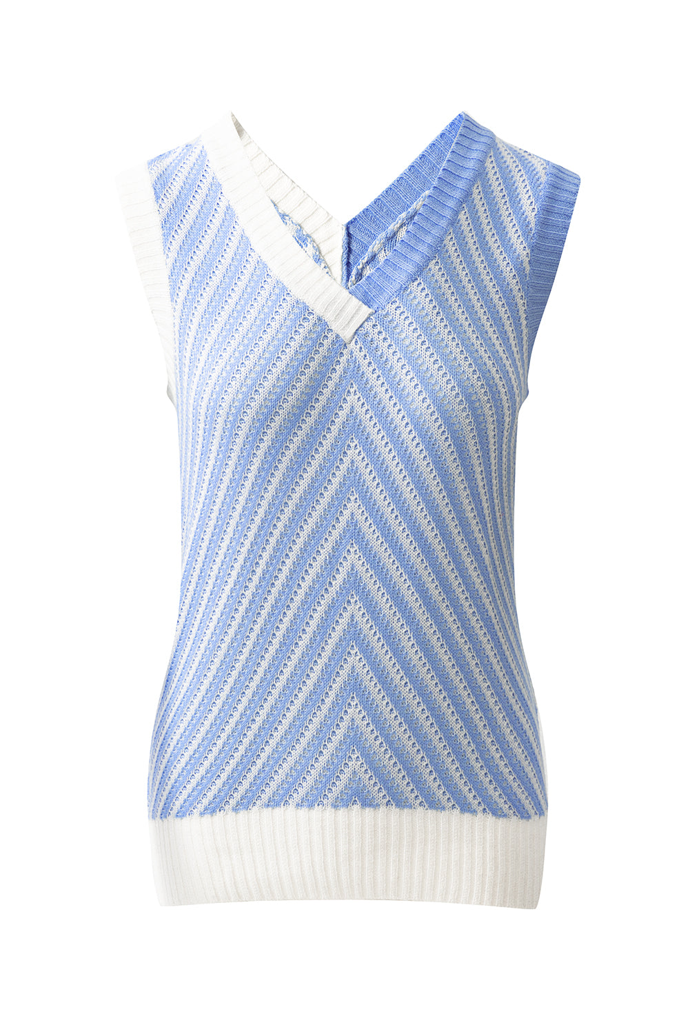 Sky Blue Contrast Chevron Knit V Neck Sweater Vest