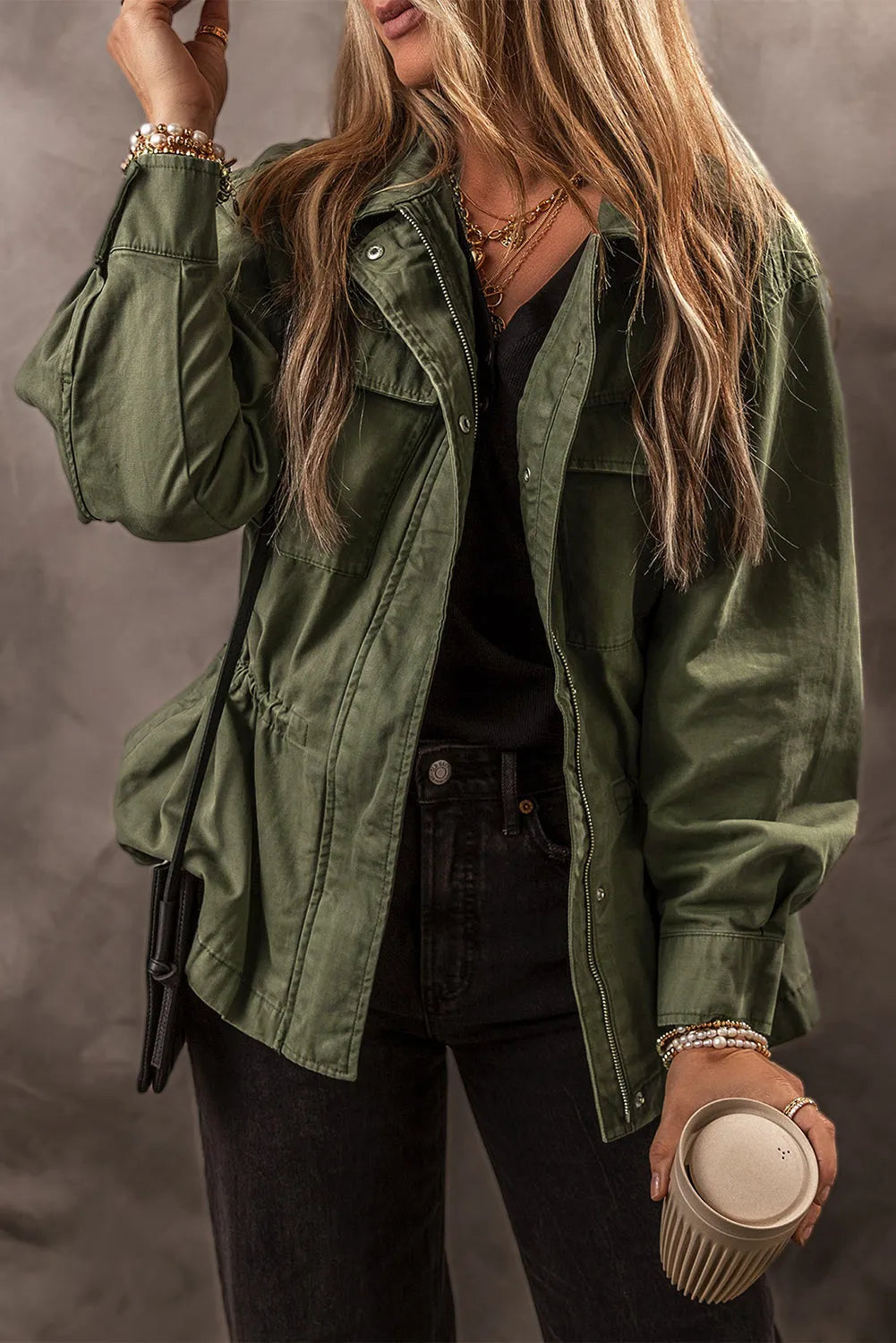 Moss Green Snap Button Zipper Tight Waist Collared Jacket - Chic Meadow Boutique 