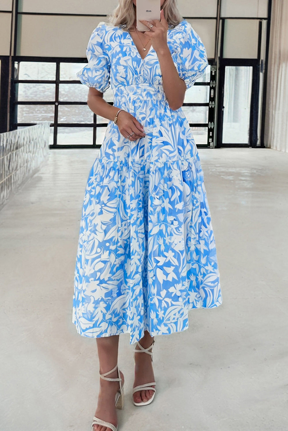 Sky Blue Floral V Neck Puff Short Sleeve Flowy Long Dress