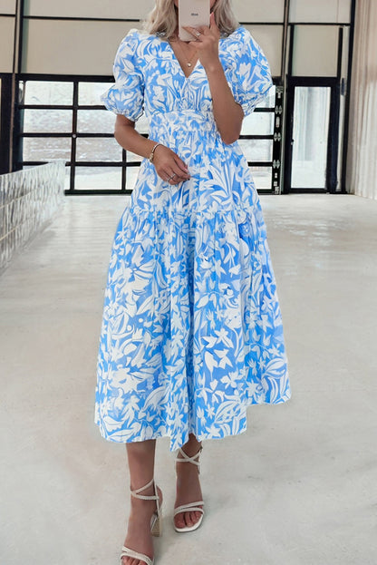 Sky Blue Floral V Neck Puff Short Sleeve Flowy Long Dress