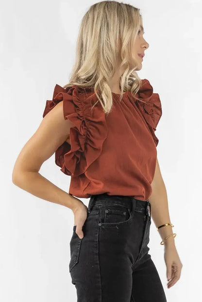 Red Sandalwood Ruffle Trim Sleeveless Blouse - Chic Meadow Boutique 