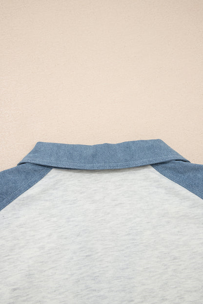 Beige Plus Size Contrast Denim Patchwork Cuffed Sleeve Polo Tee