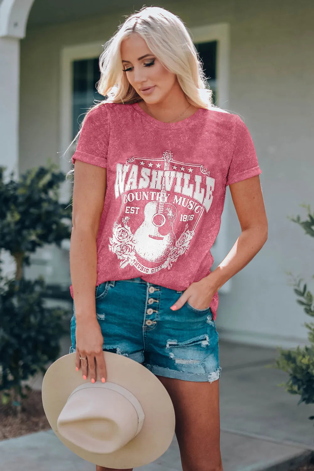 Fiery Red Nashville Music City Graphic Mineral Washed Tee - Chic Meadow Boutique 