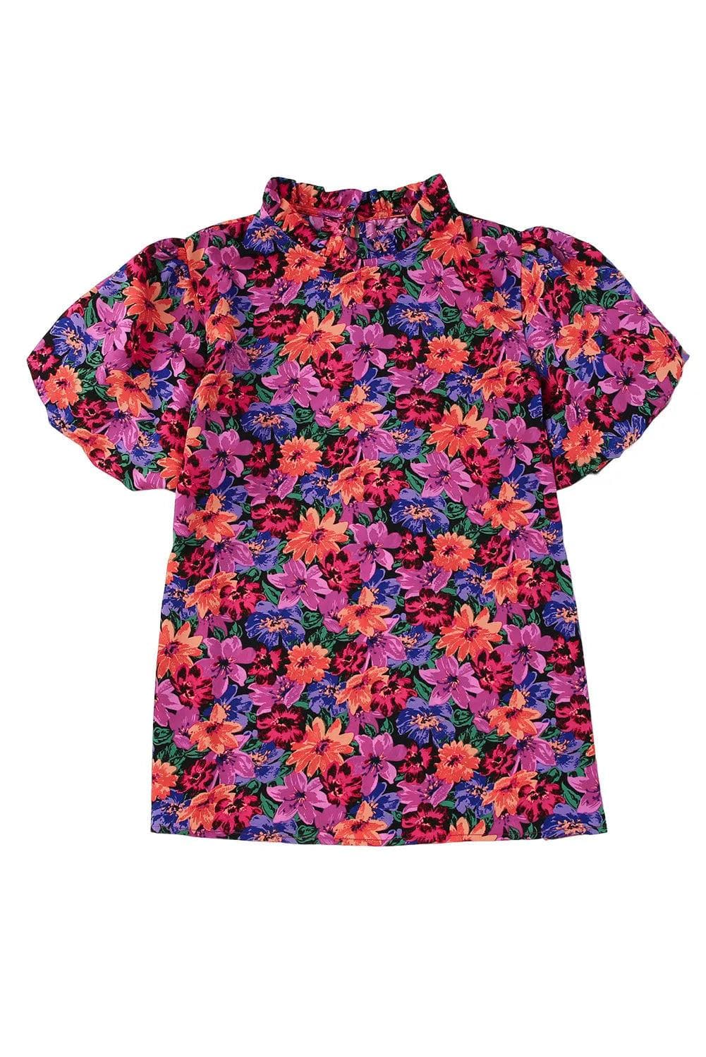 Tops/Blouses & Shirts Multicolor Floral Print Round Neck Puff Sleeve Blouse