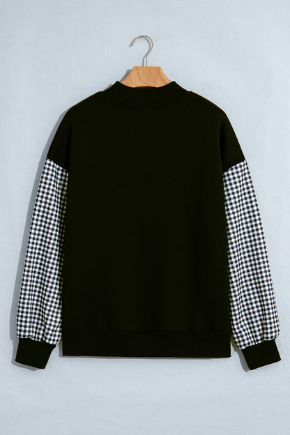 Black Plaid Sleeve Colorblock Loose Tunic Sweatshirt