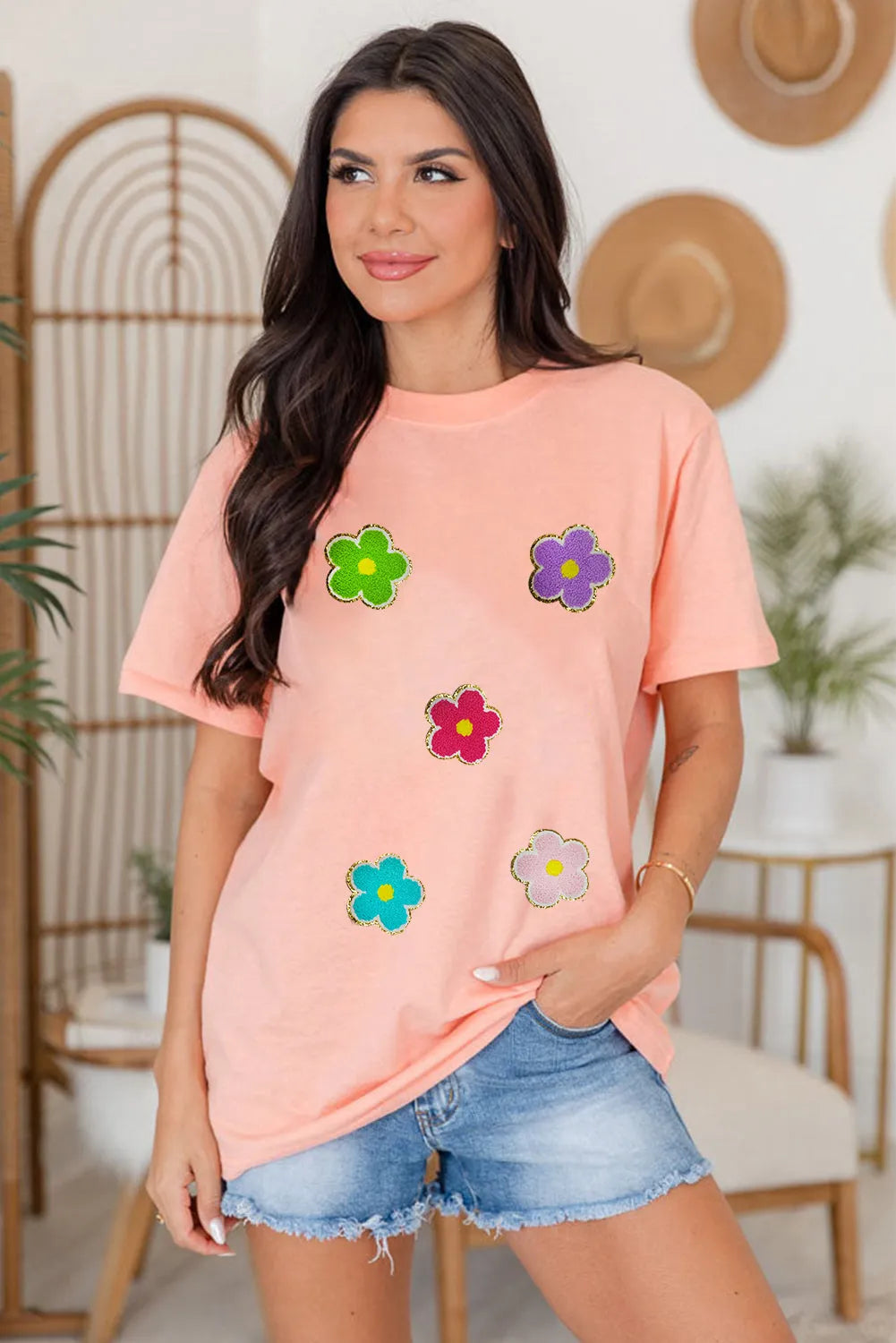 Pink Glittering Chenille Flower Patched Pattern Crewneck T Shirt - Chic Meadow Boutique 