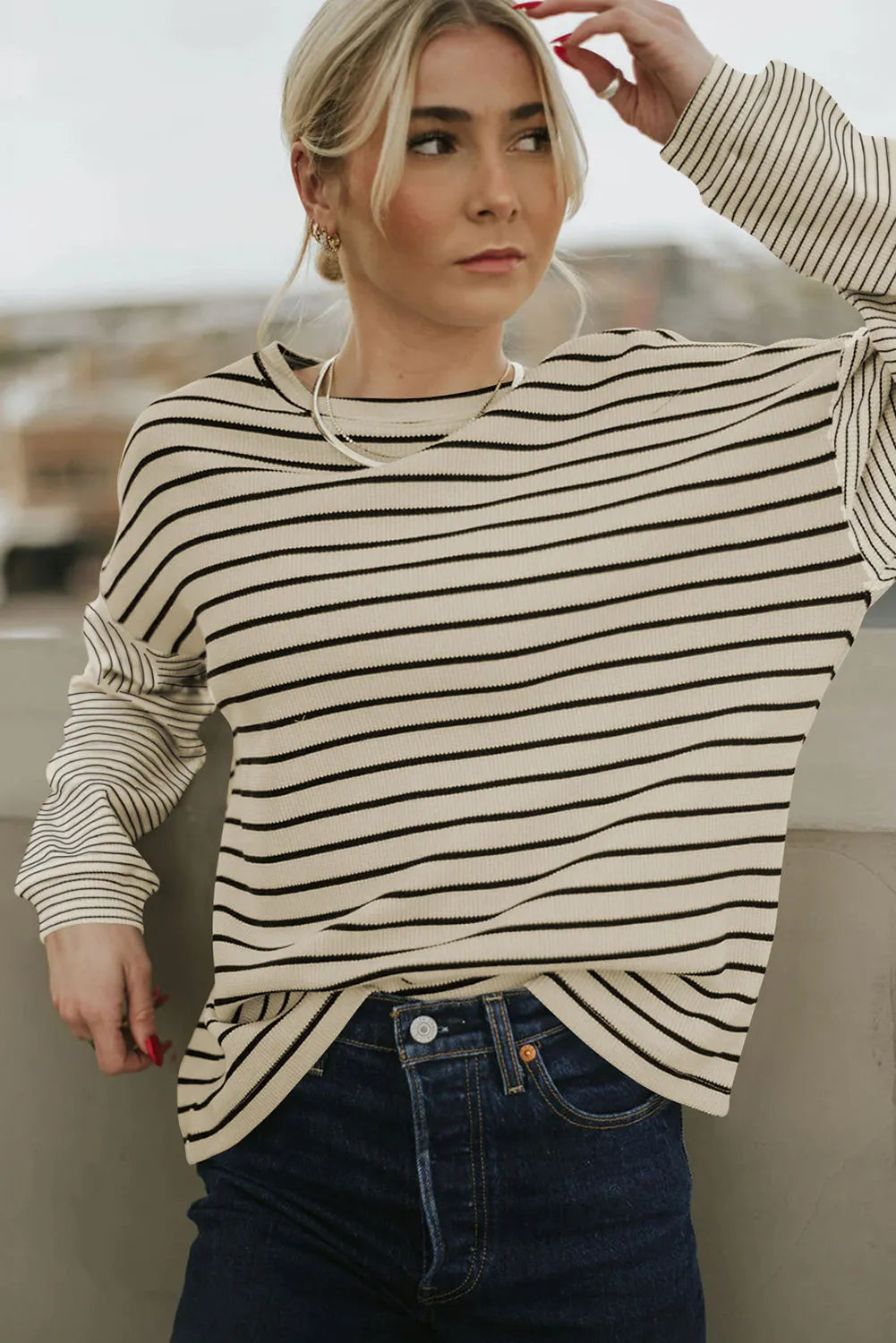 Black Striped Patchwork Loose Long Sleeve Tee - Chic Meadow Boutique 