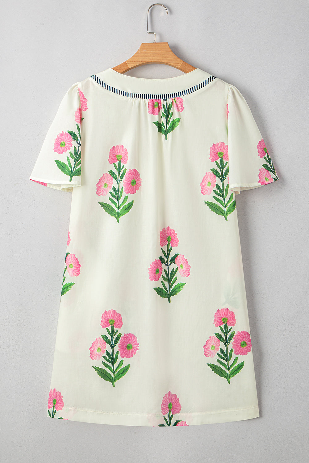 Apricot Floral Short Sleeve Split Neck Loose Mini Dress