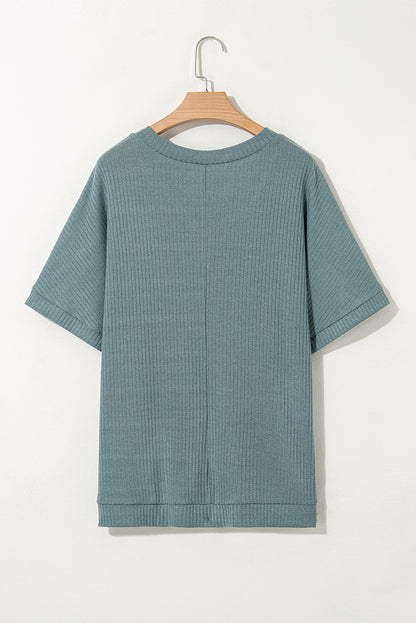 Moonlight Jade Oversized Ribbed Knit V Neck Dolman Short Sleeve Top