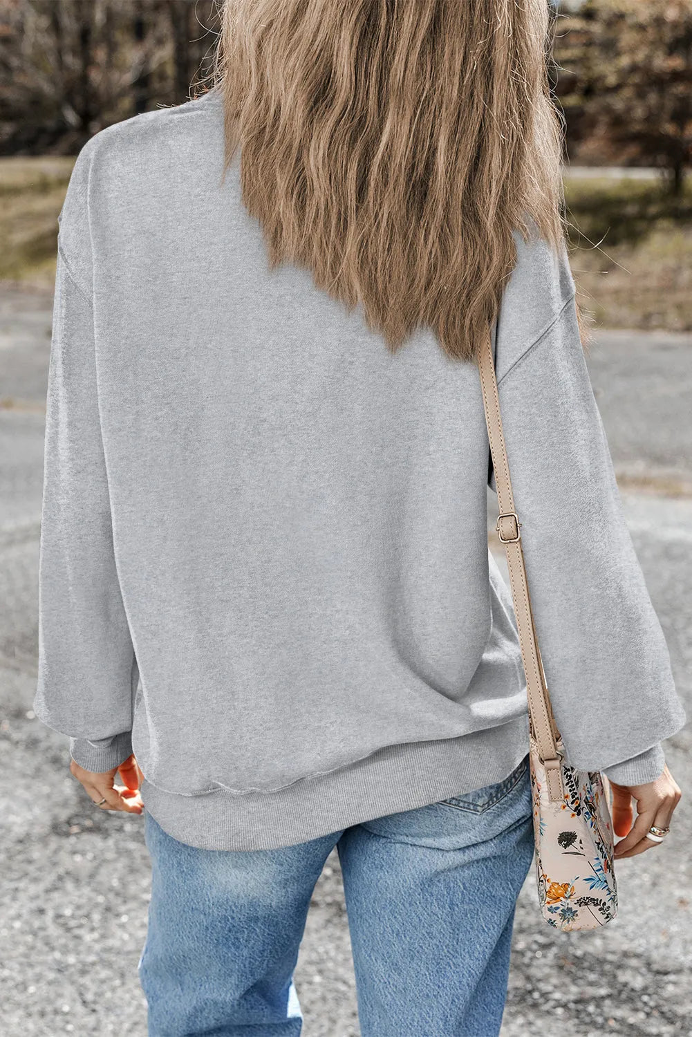 Light Grey Plain Drop Shoulder Crewneck Pullover Sweatshirt - Chic Meadow Boutique 