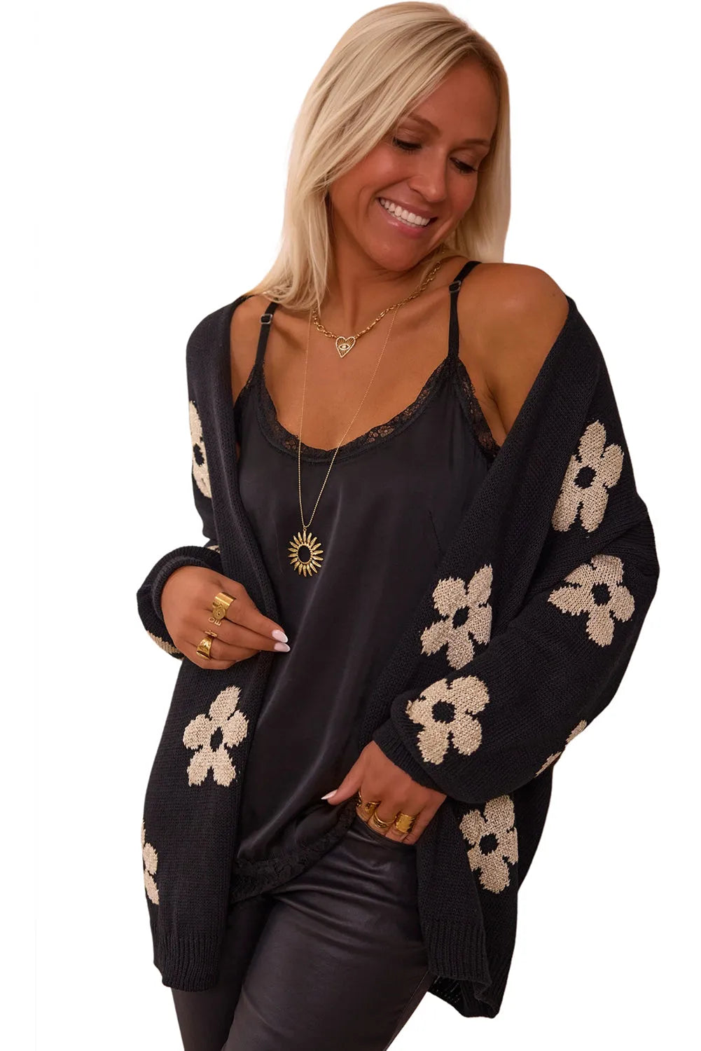 Black Floral Print Knitted Open Front Loose Cardigan - Chic Meadow Boutique 