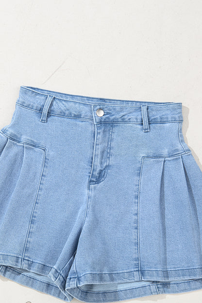 Dusk Blue Pleated Patchwork Wide Leg Lightweight Denim Shorts