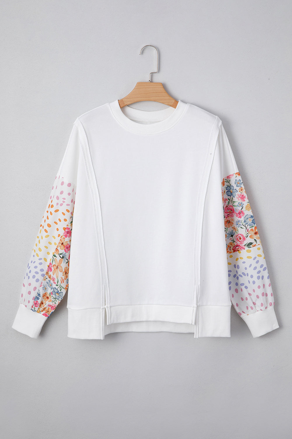 White Floral Dotted Mixed Print Patchwork Sleeve High Low Casual Sweatshirt