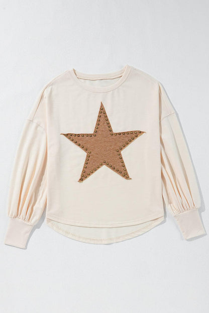 Tops/Long Sleeve Tops Apricot / S / 85%Polyester+10%Cotton+5%Elastane Apricot Studded Star Graphic Oversized Long Sleeve Top