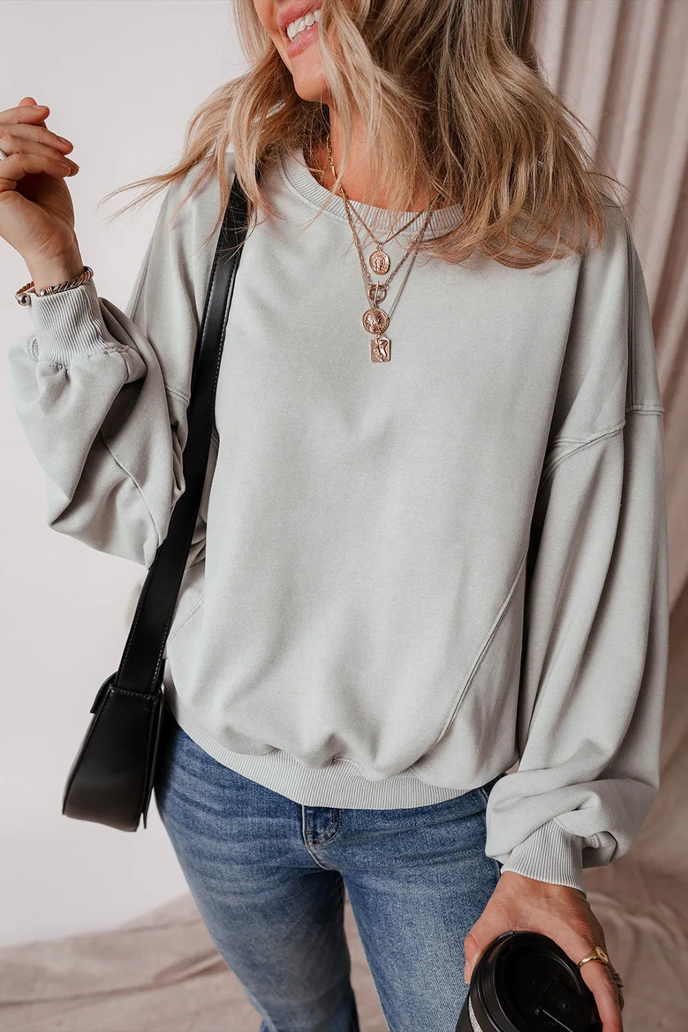 Gray Exposed Seam Batwing Sleeve Drop Shoulder Sweatshirt - Chic Meadow Boutique 