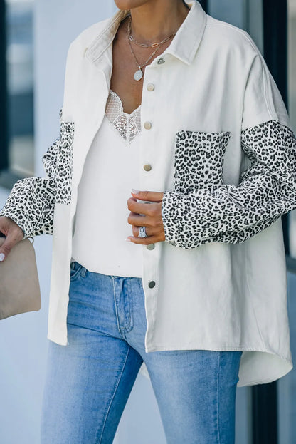 White Contrast Leopard Denim Jacket - Chic Meadow Boutique 