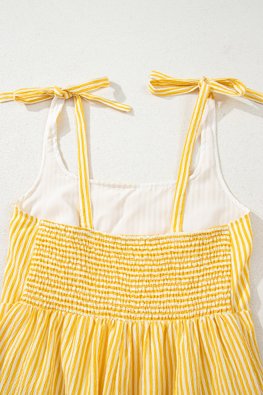 Yellow Stripe Shoulder Tie Smocked Back Wide Leg Casual Romper
