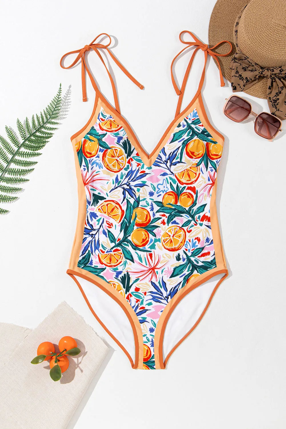 Orange Fruit Plant Print Tied Straps V Neck One Piece Swimsuit - Chic Meadow Boutique 