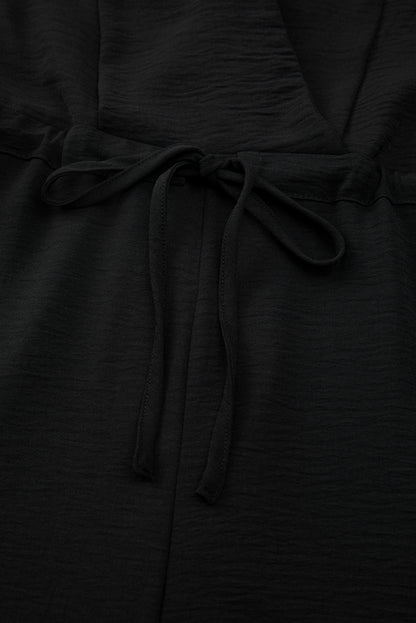 Black Solid Spaghetti Strap Wide Leg Drawstring High Waist Jumpsuit