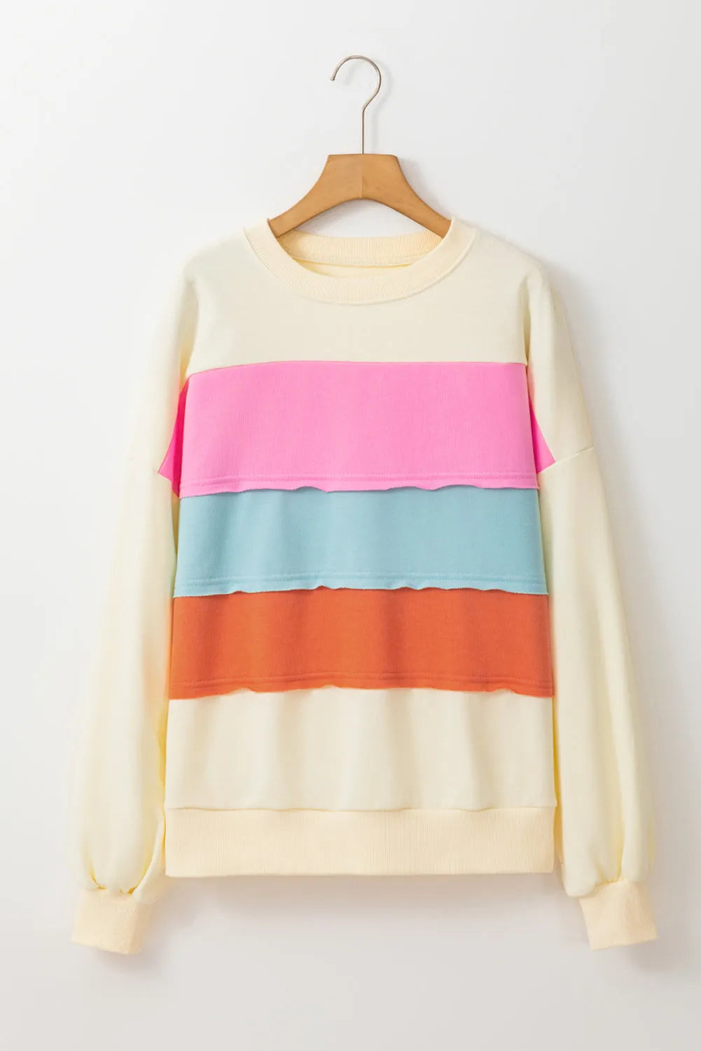 White Colorblock Patchwork Crewneck Drop Shoulder Sweatshirt - Chic Meadow Boutique 