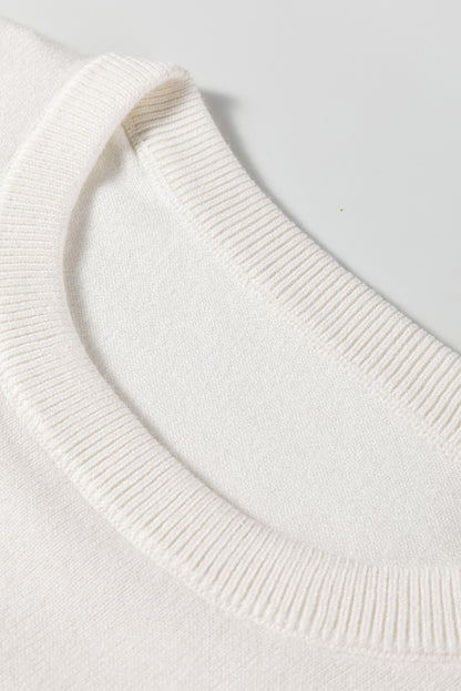 White Button Split Cuffs Round Neck Slim Sweater