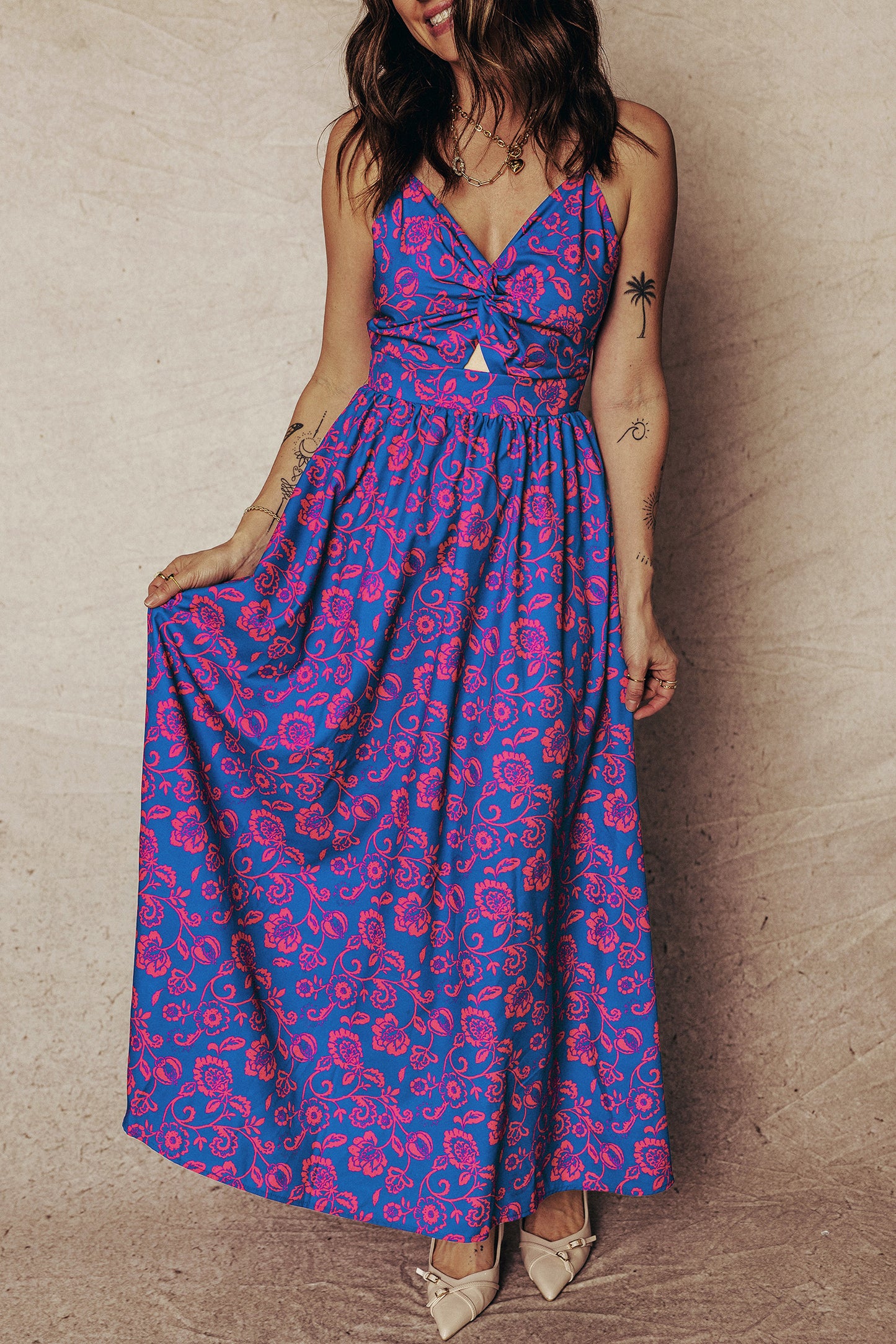 Blue Floral Print Twisted V Neck Tied Backless Maxi Dress