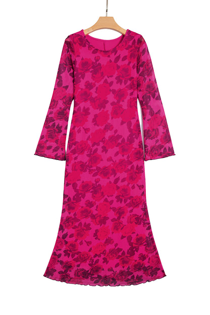 Red Floral Print Cuff Hem Serging Long Sleeve Sheath Dress