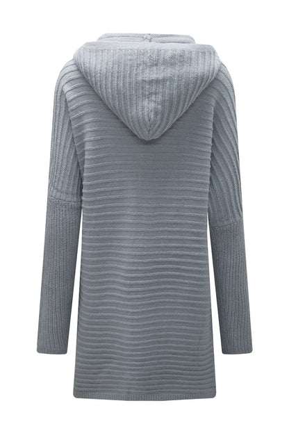 Gray Horizontal Rib Knitted Open Front Hooded Cardigan - Chic Meadow Boutique 