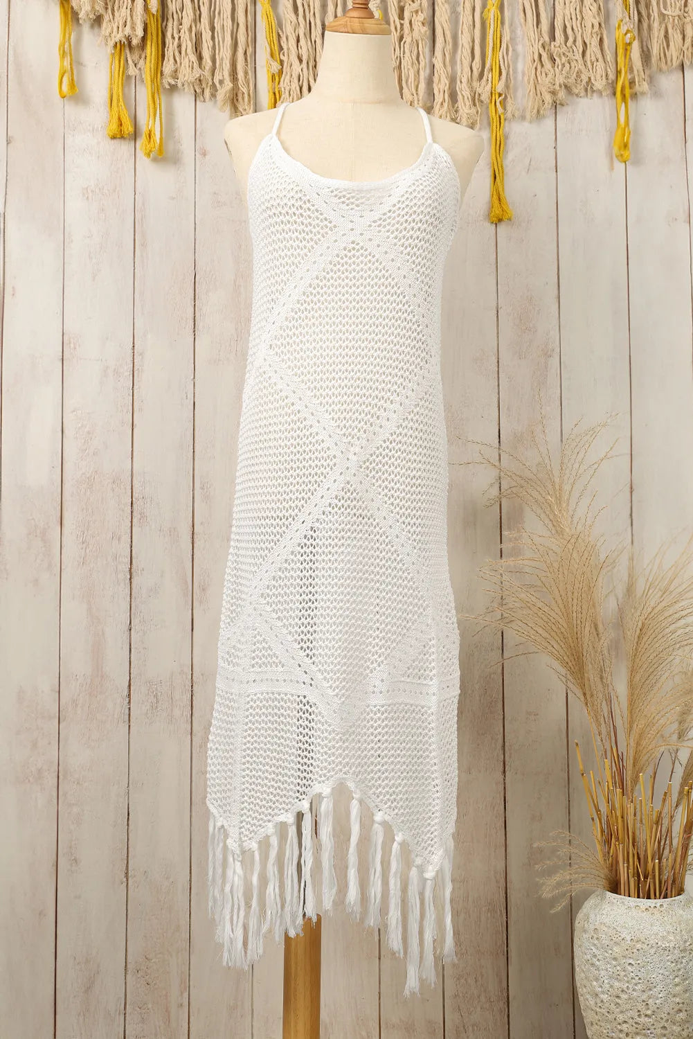 White Crisscross Knot Back Hollow Out Tasseled Beach Dress - Chic Meadow Boutique 