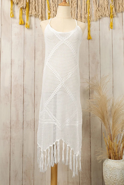 White Crisscross Knot Back Hollow Out Tasseled Beach Dress - Chic Meadow Boutique 