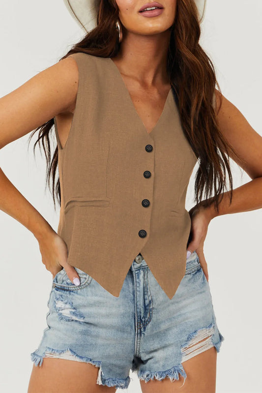 Chestnut Solid Color Button up V Neck Suit Vest - Chic Meadow Boutique 