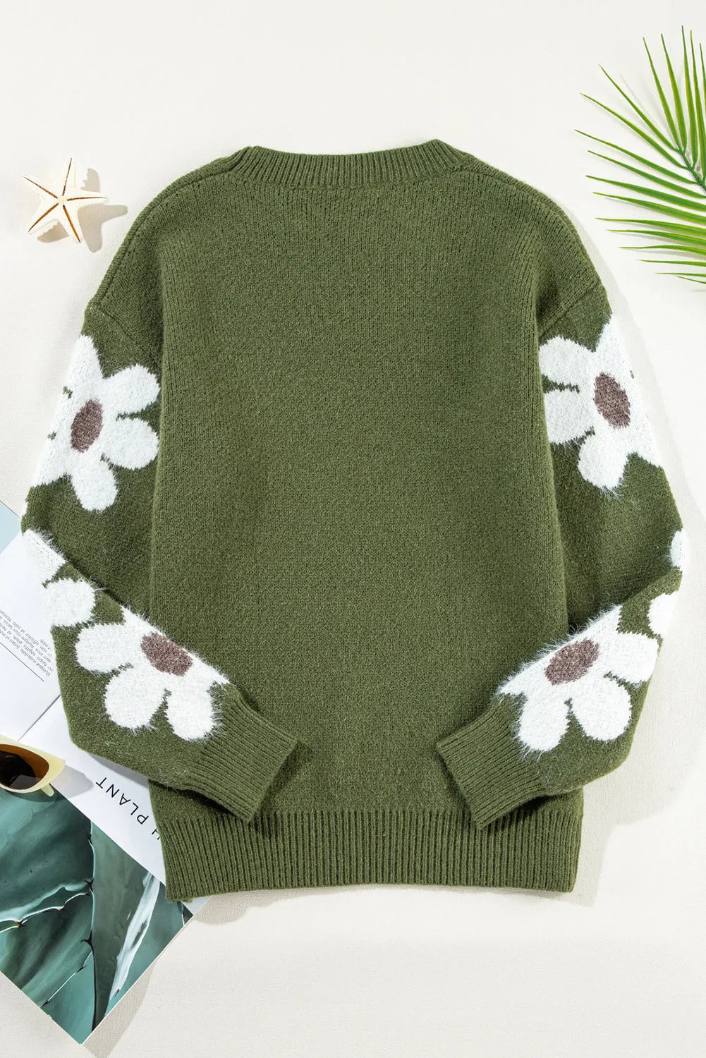 Moss Green Flower Sleeve Drop Shoulder Sweater - Chic Meadow Boutique 