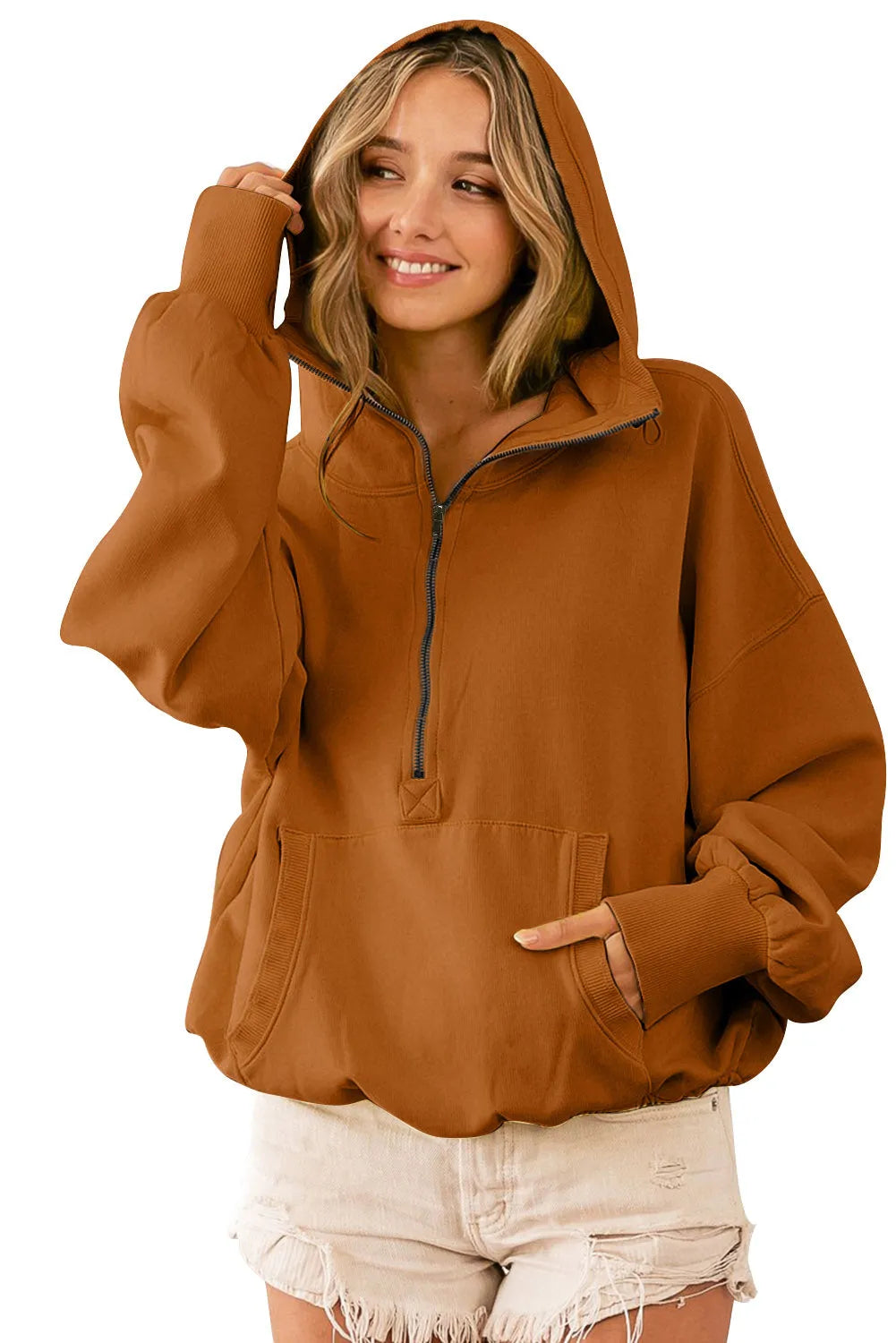 Brown Ribbed Trim Kangaroo Pocket Zipped Hoodie - Chic Meadow Boutique 