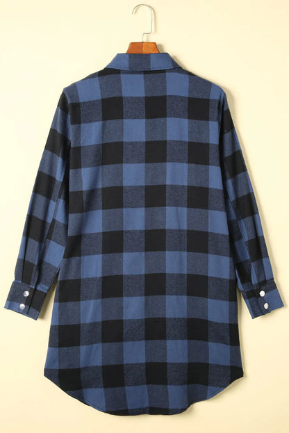 Blue Turn-down Collar Plaid Shirt Jacket - Chic Meadow Boutique 