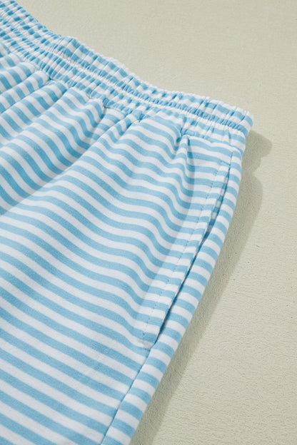 Sky Blue Stripe Cuffed Sleeve Contrast Mock Neck Tee Casual 2pcs Short Set
