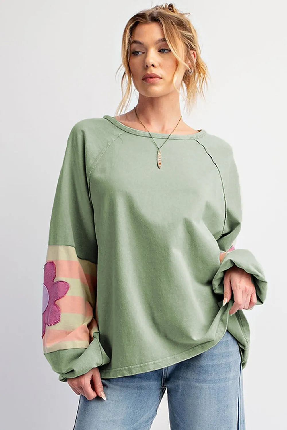 Smoke Green Flower Patchwork Raglan Sleeve Exposed Seam Oversized Top - Chic Meadow Boutique 