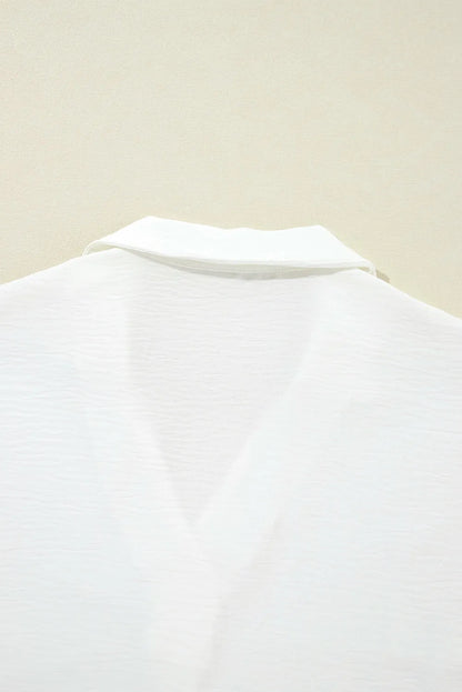 White Boxy Collared Smocked Sleeve Cuffs Blouse - Chic Meadow Boutique 