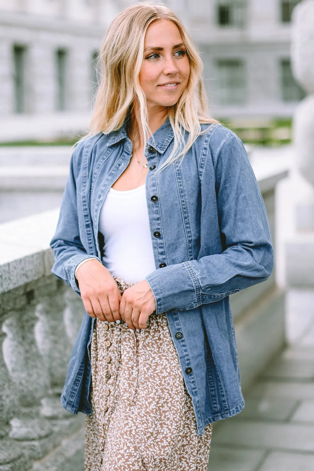 Sky Blue Button-up Long Sleeve Denim Shirt Jacket - Chic Meadow Boutique 