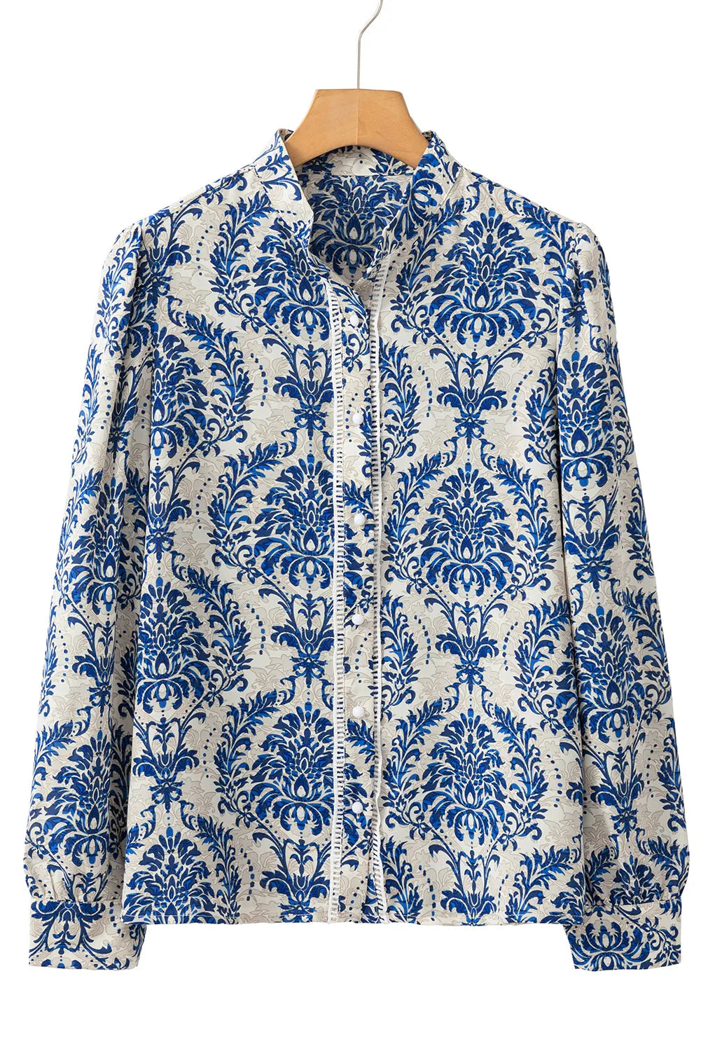 Sky Blue Bohemian Printed Bishop Sleeve Lace Shirt - Chic Meadow Boutique 