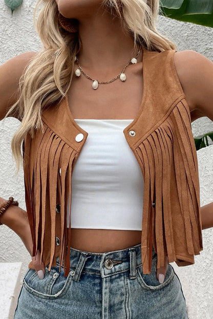 Camel Fringed Snap Button Front Suedette Vest - Chic Meadow Boutique 