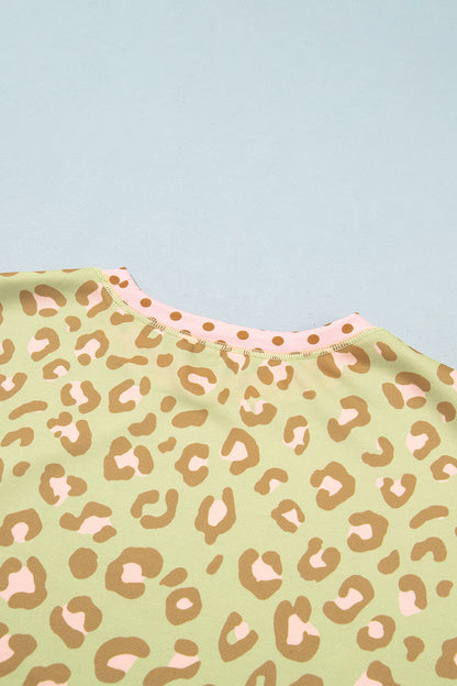 Khaki Leopard Polka Dot Colorblock Trim Long Sleeve Top